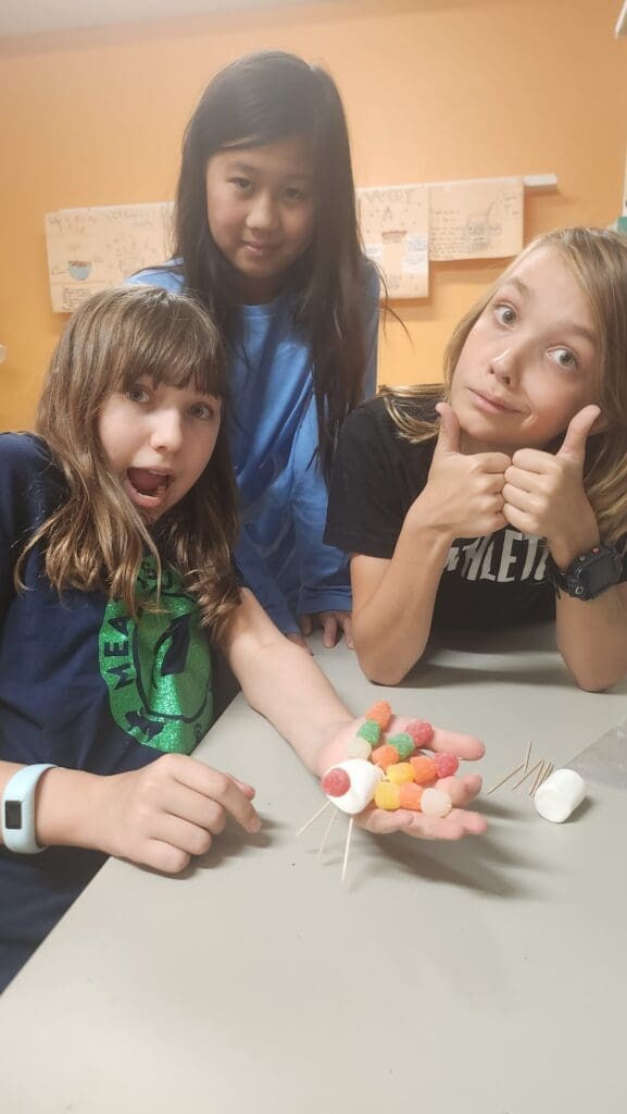 Middle school students display turkey made of candy at project based school.