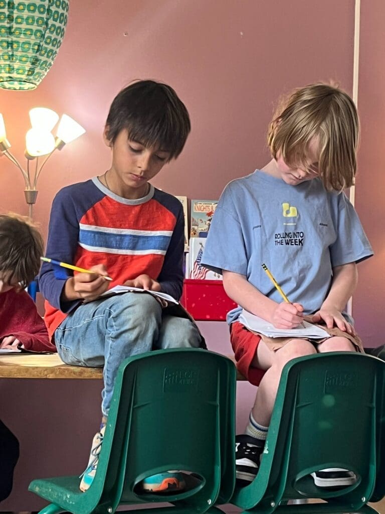 Two elementary boys sit beside each other and write at school with small classes.